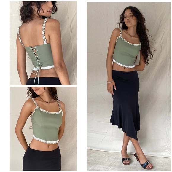 EUC Motel Idalia Corset Cream Ruffle Sage Green Pace Up Back Cropped Top XS​ - Picture 1 of 13